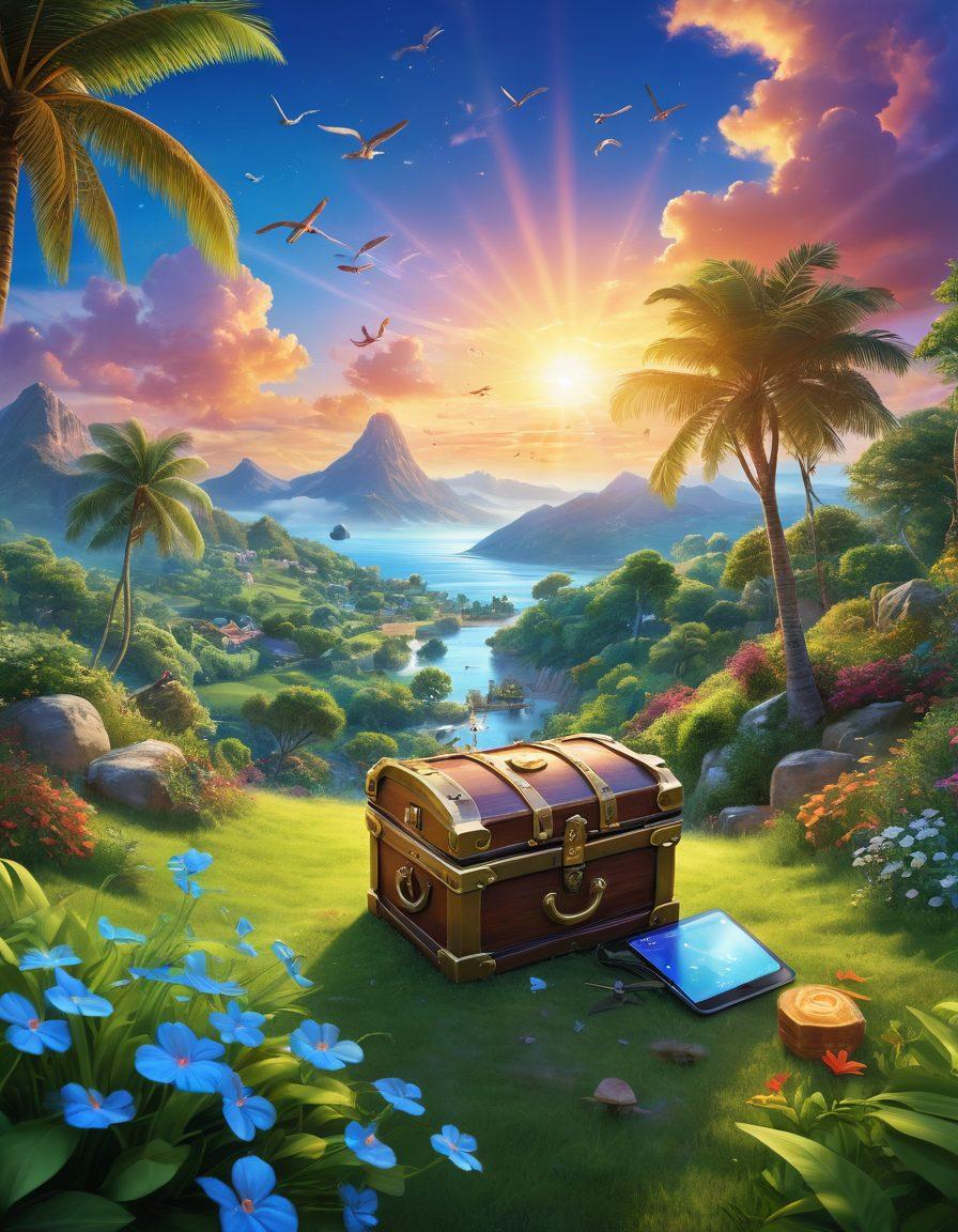 A serene landscape depicting a diverse group of people joyfully engaging with CPARS services, showcasing collaboration and satisfaction. The scene includes vibrant colors, illustrating a bright blue sky and lush greenery, while individuals of various backgrounds interact with digital devices displaying graphs and positive feedback symbols. Central to the image is a glowing key unlocking a treasure chest overflowing with symbols of joy and achievement. super-realistic. vibrant colors. 3D.
