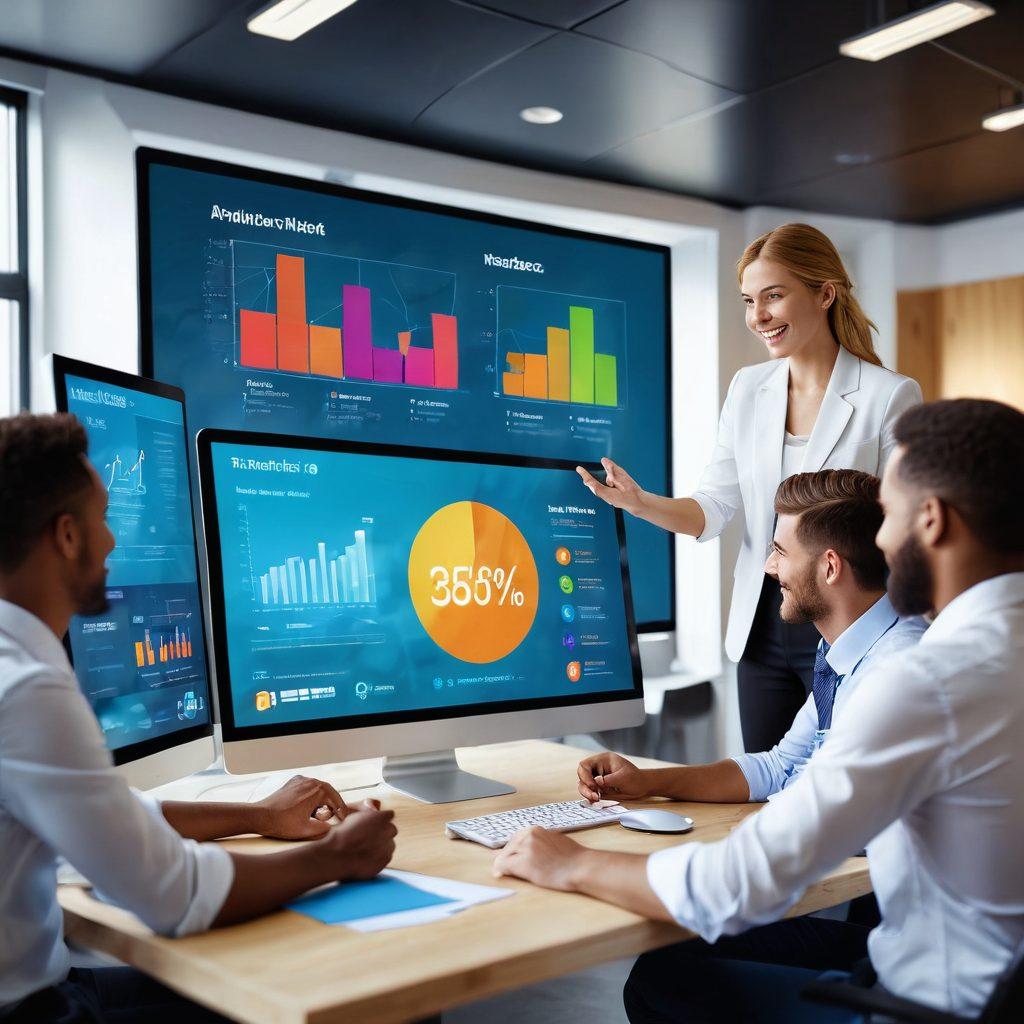 A professional team in a modern office setting collaborating over a digital screen displaying analytics and client feedback, showcasing expressions of engagement and enthusiasm. Include elements representing successful client relationships, such as handshake icons or smiling clients in the background. The environment should be bright and inviting, emphasizing teamwork and innovation. super-realistic. vibrant colors. 3D.