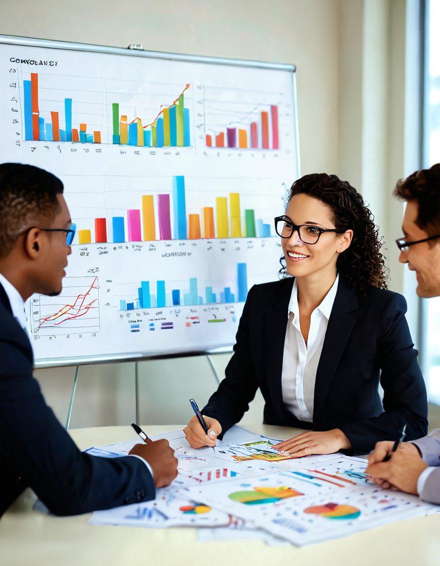 A professional consultant engaging with a diverse group of satisfied clients in a bright office setting, showcasing charts and diagrams of progress. Include symbols of success like trophies and growth graphs in the background. The atmosphere should be positive and collaborative, conveying a sense of achievement and satisfaction. bright colors. super-realistic. 3D.